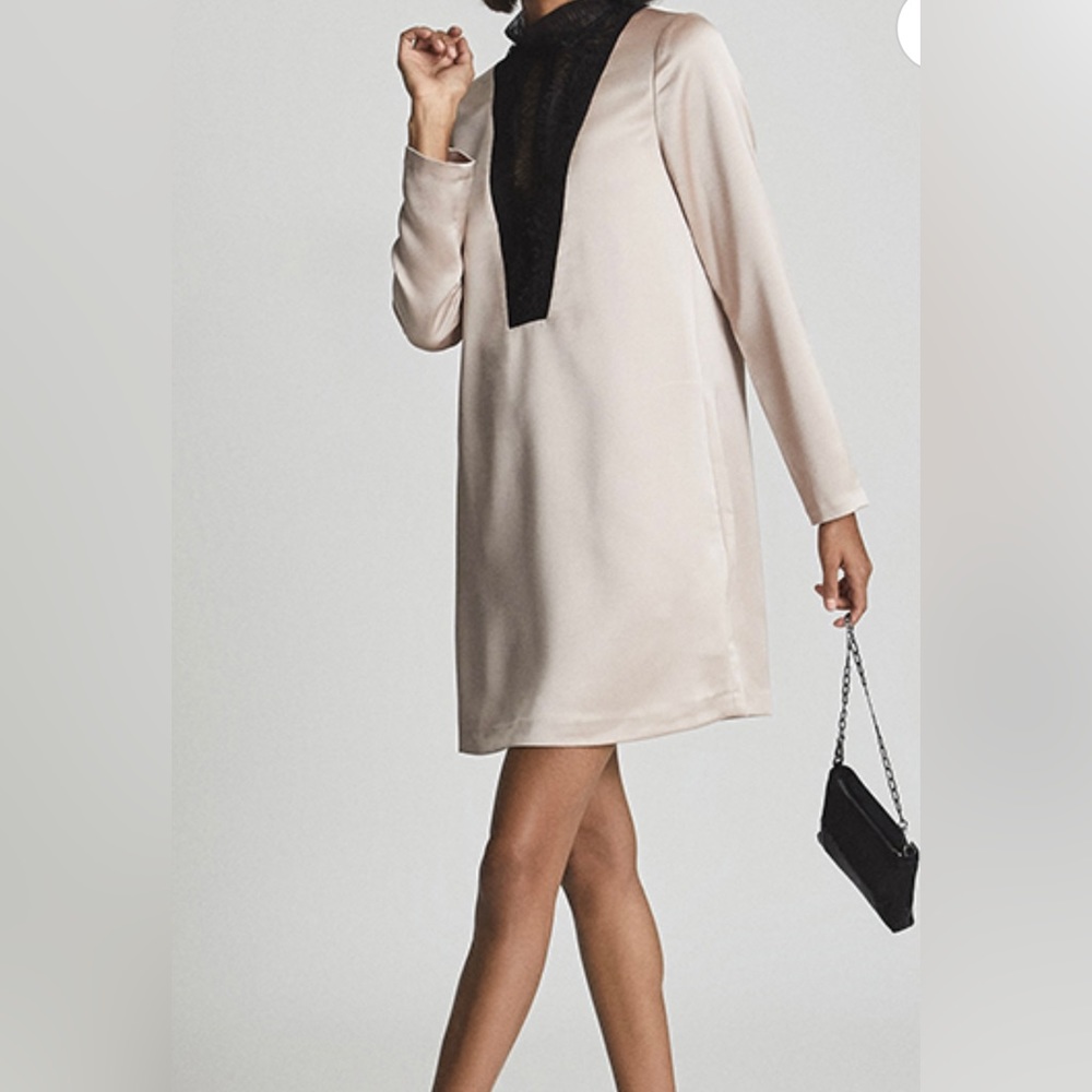 Reiss blush satin and black lace dress